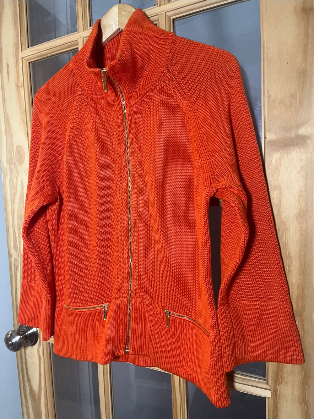Lauren Ralph Lauren Zip Up Sweater mercerized cotton, orange, gold zipper EUC